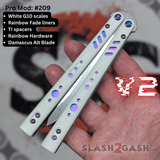 Rep clone Balisong Butterfly Knife Titanium Replicant V2 Damascus Rainbow Screws Fade White G10 S2G 209