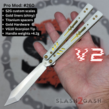 Replicant Balisong clone Franken REP V2 Butterfly Knife White Gold Screws G10 handle weights 260 S2G slash2gash