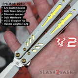 Replicant Balisong clone Franken REP V2 Butterfly Knife White Gold Screws G10 handle weights 260 S2G slash2gash