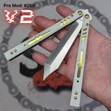 Replicant Balisong clone Franken REP V2 Butterfly Knife White Gold Screws G10 handle weights 260 S2G slash2gash