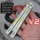 Replicant Balisong clone Franken REP V2 Butterfly Knife White Gold Screws G10 handle weights 260 S2G slash2gash