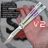 Replicant Balisong clone V2 Franken REP Butterfly Knife Purple Gold White Tanto Recurve G10 Sunrise 281
