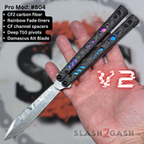 Replicant Balisong clone Damascus Butterfly Knife Carbon Fiber Channel Spacers Rainbow Titanium 804 S2G