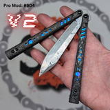 Replicant Balisong clone Damascus Butterfly Knife Carbon Fiber Channel Spacers Rainbow Titanium 804 S2G