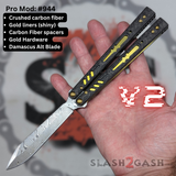 Replicant Balisong clone v2 butterfly knife S2G Damascus Carbon Fiber Channel Spacers Gold Hardware 944