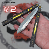 Replicant Balisong clone v2 butterfly knife S2G Damascus Carbon Fiber Channel Spacers Gold Hardware 944