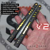 Replicant Balisong clone v2 butterfly knife S2G Damascus Carbon Fiber Channel Spacers Gold Hardware 944