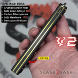 Replicant Balisong clone v2 butterfly knife S2G Damascus Carbon Fiber Channel Spacers Gold Hardware 944