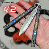 Franken REP clone Butterfly Knife V2 Balisong Carbon Fiber Damascus Sunset Titanium Liners