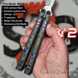 Franken REP clone Butterfly Knife V2 Balisong Carbon Fiber Damascus Sunset Titanium Liners