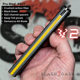 Franken REP clone Butterfly Knife V2 Balisong Carbon Fiber Damascus Yellow G10 Channel Spacers Black Titanium Liners