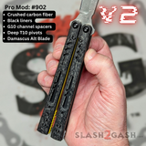 Franken REP clone Butterfly Knife V2 Balisong Carbon Fiber Damascus Yellow G10 Channel Spacers Black Titanium Liners