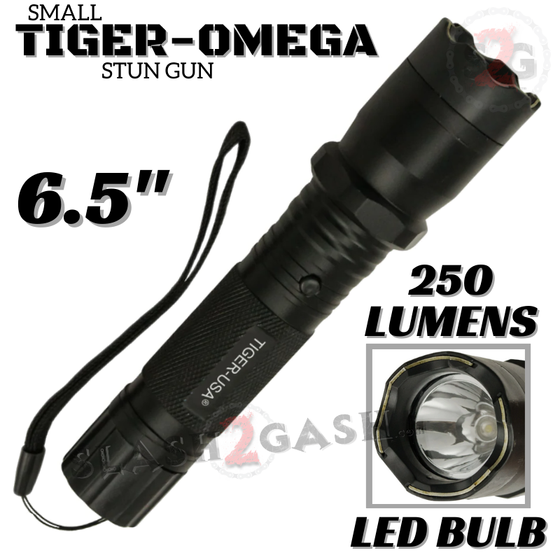 STUN GUN 100M Volts w/ LED Flashlight Tiger USA Tiger Omega Black