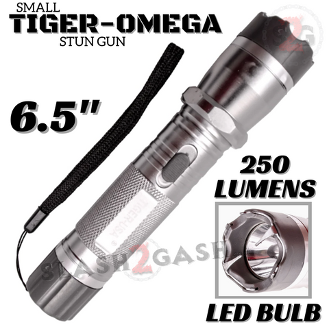 STUN GUN 100M Volts w/ LED Flashlight Tiger USA - Tiger Omega Silver