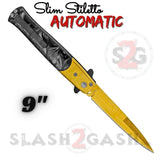 Gold Stiletto Automatic Switchblade Knife Black Marble Pearl Slim Pocket Knives Push Button