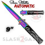 Rainbow Stiletto Automatic Switchblade Knife Black Marble Pearl Slim Pocket Knives Push Button