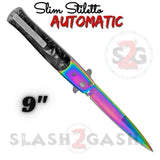 Rainbow Stiletto Automatic Switchblade Knife Black Marble Pearl Slim Pocket Knives Push Button