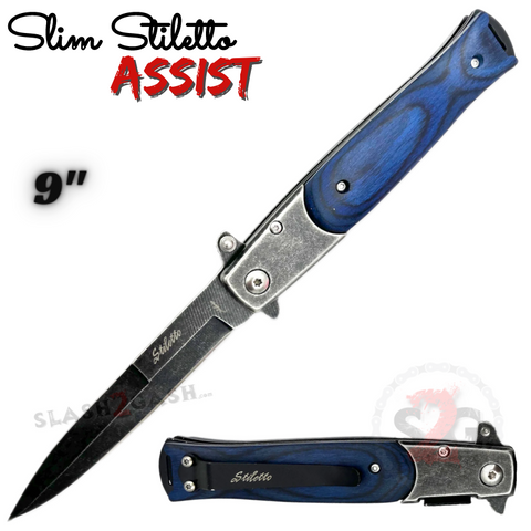 Slim Stiletto Assist Knife Italian Style Milano 9" - Stonewash w/ Blue Wood