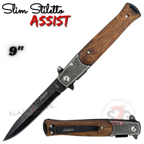 Slim Stiletto Assist Knife Italian Style Milano 9" - Stonewash - Brown Wood