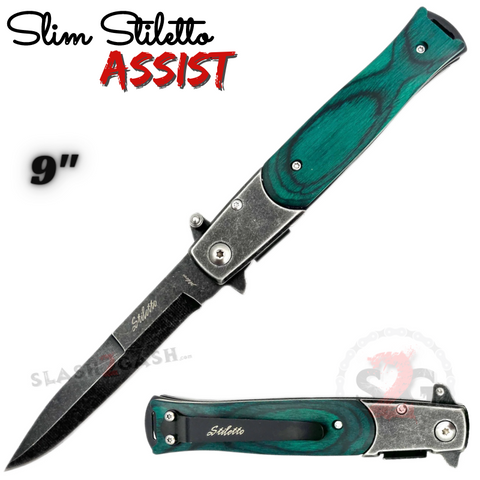 Slim Stiletto Assist Knife Italian Style Milano 9" - Stonewash w/ Green Wood