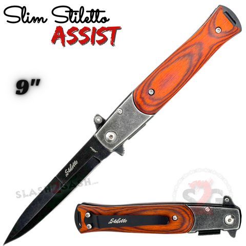 Slim Stiletto Assist Knife Italian Style Milano 9" - Stonewash w/ Rosewood