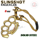 Brass Knuckles w/ Slingshot Belt Buckle Duster Solid Steel Paper Weight - Gold Finish