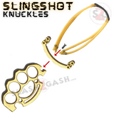 Brass Knuckles w/ Slingshot Belt Buckle Duster Solid Steel Paper Weight - Gold Finish