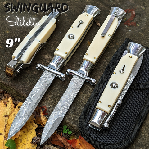 Italian Stiletto Swing Guard Knife Automatic Switchblade White Bone Damascus 9 Inch Italy Swinguard Stiletto Knives