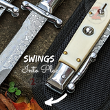 Italian Stiletto Swing Guard Knife Automatic Switchblade White Bone Damascus 9 Inch Italy Swinguard Stiletto Knives