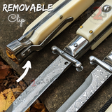Automatic Switchblade Knives Faux Bone Damascus Swing Guard Italian Style 9 Inch Italy Swinguard Stiletto Knife
