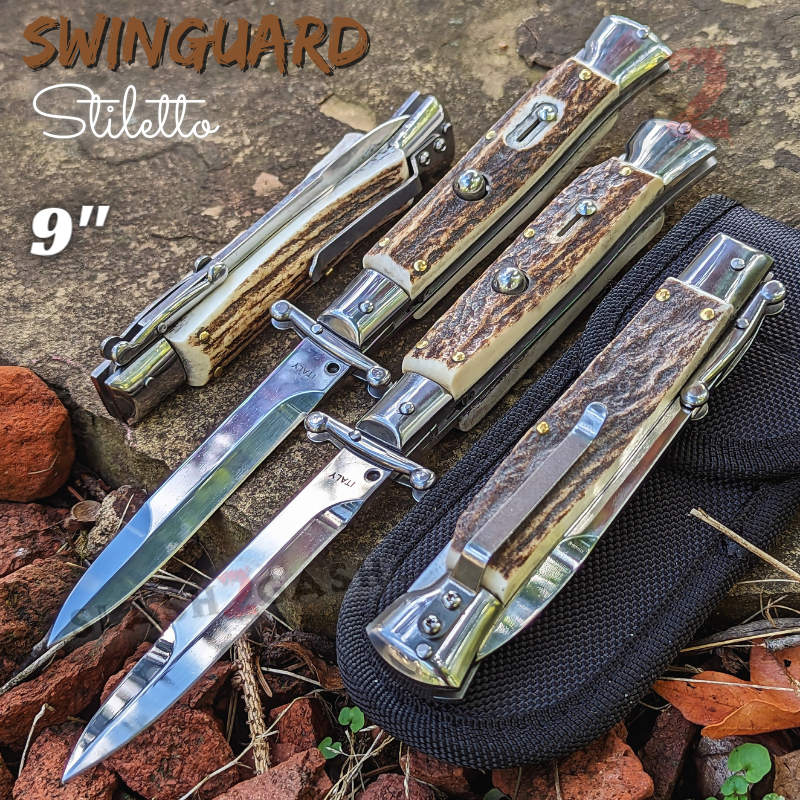 Swinguard Stiletto Knife Rare Italian Automatic - Stag Antler 440C