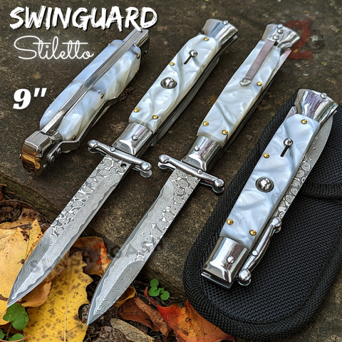 Italian Stiletto Swing Guard Knife White Marble Switchblade Automatic Pearl Damascus 9 Inch Italy Swinguard Stiletto Knives