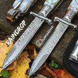 Automatic Switchblade Knives White Marble Raindrop Damascus Swing Guard Italian Style 9 Inch Italy Swinguard Stiletto Knife