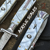 Automatic Switchblade Knives White Marble Acrylic Scales Damascus Swing Guard Italian Style 9 Inch Italy Swinguard Stiletto Knife