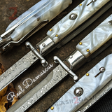 Italian Stiletto Swing Guard Knife White Marble Switchblade Automatic Pearl Damascus 9 Inch Italy Swinguard Stiletto Knives