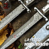 Automatic Switchblade Knives 1095/15n20 Damascus Swing Guard Italian Style 9 Inch Italy Swinguard Stiletto Knife