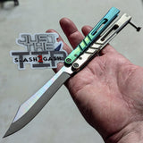 The ONE CHAB clone v2 Butterfly Knife TITANIUM Balisong Green Gray Textured Sharp
