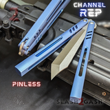 The ONE channel Replicant Balisong Clone TITANIUM Butterfly Knife - Blue Chep Sharp Live D2 Stonewash