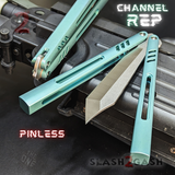 The ONE channel Replicant Balisong Clone TITANIUM Butterfly Knife - green Chep Sharp Live D2 Stonewash