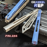 The ONE Channel Replicant Balisong Clone Butterfly Knife CHEP - Blue Silver TITANIUM Trainer Practice Dull Safe Training Grey
