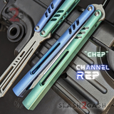 The ONE Channel Replicant Balisong Clone Butterfly Knife CHEP - Blue Green TITANIUM Handles Trainer Practice Dull Safe Training