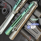 Channel Replicant Balisong Clone The ONE Butterfly Knife CHEP - green Gray TITANIUM handles