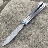 The One EX-10 clone Butterfly Knife Balisong Damascus w/ Carbon Fiber Gray/Silver Titanium Blue Screws
