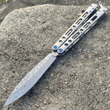 The One EX-10 clone Butterfly Knife Balisong Damascus w/ Blue Screws Gray/Silver Titanium