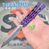 The ONE TITANIUM Balisong EX-10 clone Butterfly Knife Damascus Purple Blue Hardware slash2gash S2G