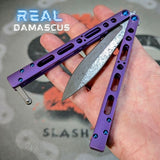 The ONE TITANIUM Balisong EX-10 clone Butterfly Knife Damascus Purple Blue Hardware slash2gash S2G
