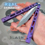 The ONE TITANIUM Balisong EX-10 clone Butterfly Knife Damascus Purple Blue Hardware slash2gash S2G