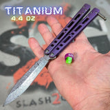 The ONE TITANIUM Balisong EX-10 clone Butterfly Knife Real Damascus Purple slash2gash S2G