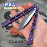 The ONE TITANIUM Balisong EX-10 clone Butterfly Knife Real Damascus Purple slash2gash S2G