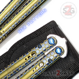 The ONE Python Clone Balisong TITANIUM Butterfly Knife - Hex Pattern Blue Yellow Gold